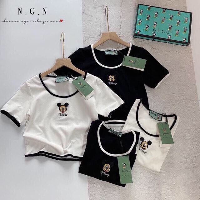 ÁO THUN CROPTOP THÊU MICKEY CHẠY VIỀN CỔ VIỀN TAY ĐEN TRẮNG HOT
