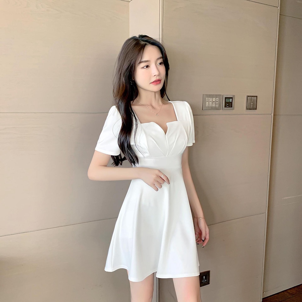 Đầm Chữ A Tay Ngắn Cổ Chữ V Màu Đỏ Phong Cách Pháp Thời Trang Cho Nữ