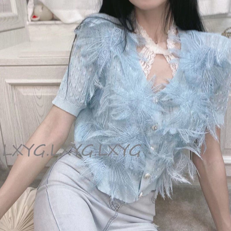 Áo Cardigan Dệt Kim Mỏng Tay Ngắn Thêu Hoa Nhỏ Kiểu Pháp Mùa Hè Mới 2021