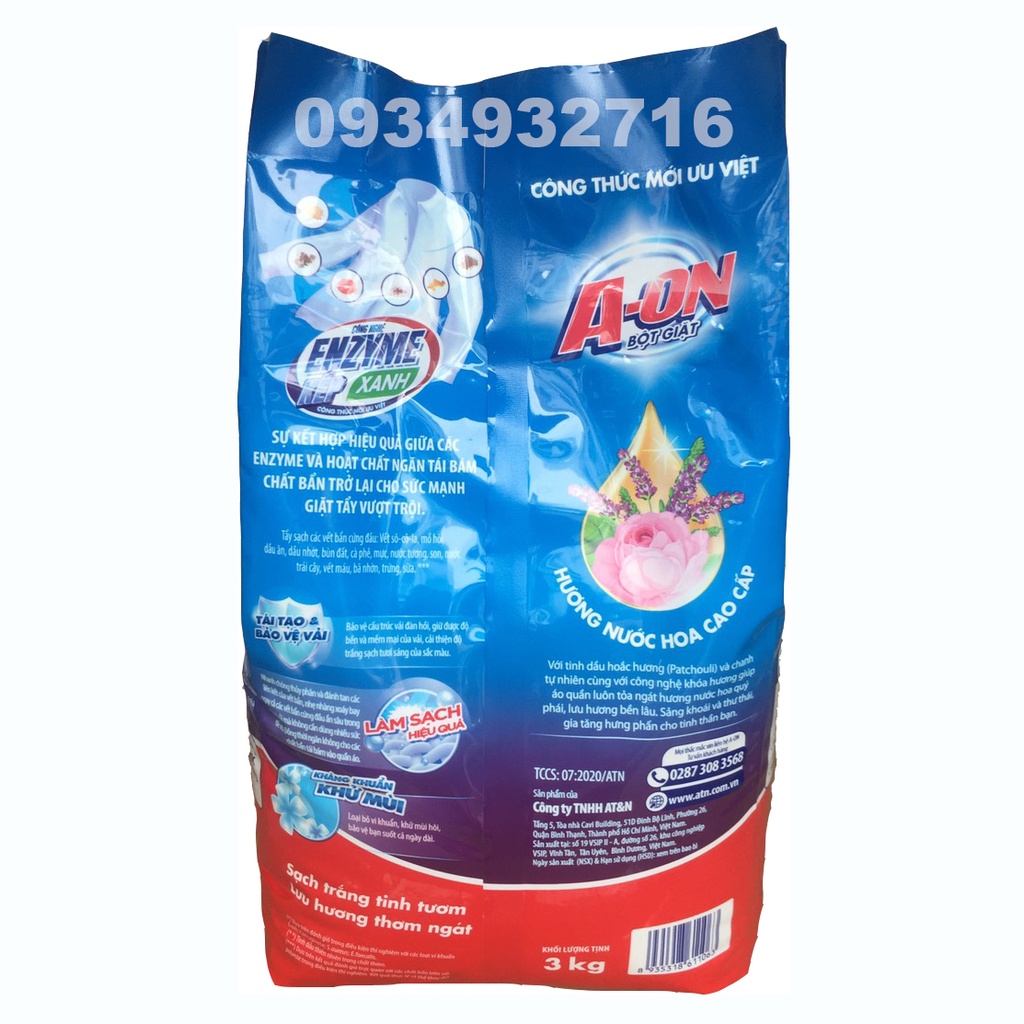 Bột Giặt Kép A-ON Hương Nước Hoa Cao Cấp Túi 3kg - Kháng Khuẩn, Khử Mùi Hôi