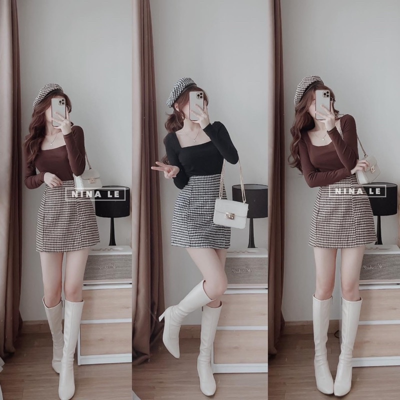 Set bộ áo thun gân tay dài cổ vuông và chân váy ngắn dáng chữ A vải bố cao cấp Bigsize Kim Ngân từ 50kg đến 100kg