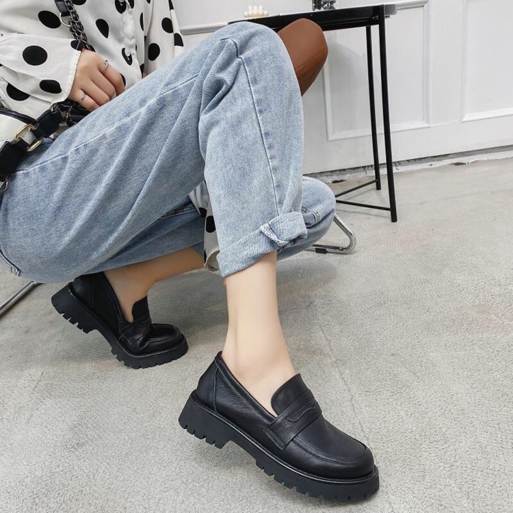 Giày Oxford nữ đen phong cách Hàn Quốc, giày da nữ mũi tròn, không dây buộc tiện lợi | BigBuy360 - bigbuy360.vn