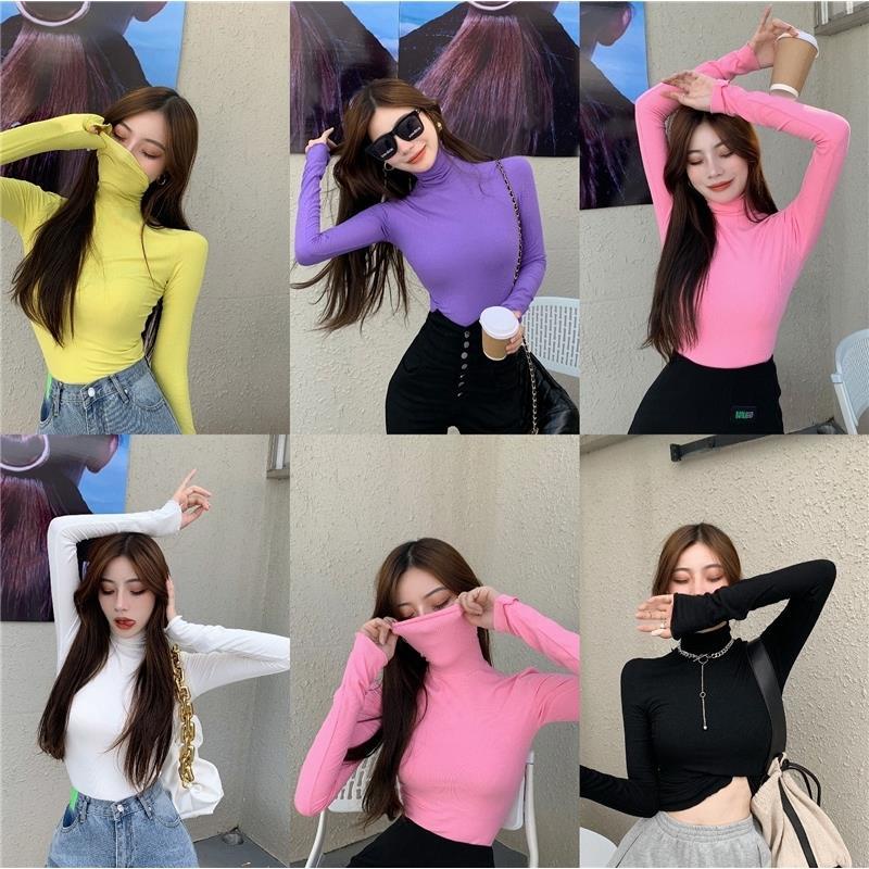 Áo thun COZOKC tay dài cổ cao màu trơn phong cách Hàn Quốc