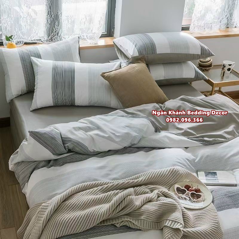 Bộ chăn ga gối ga giường cotton living Hàn Quốc mẫu kẻ sọc mới nhất - Ngân Khánh Bedding drap giường