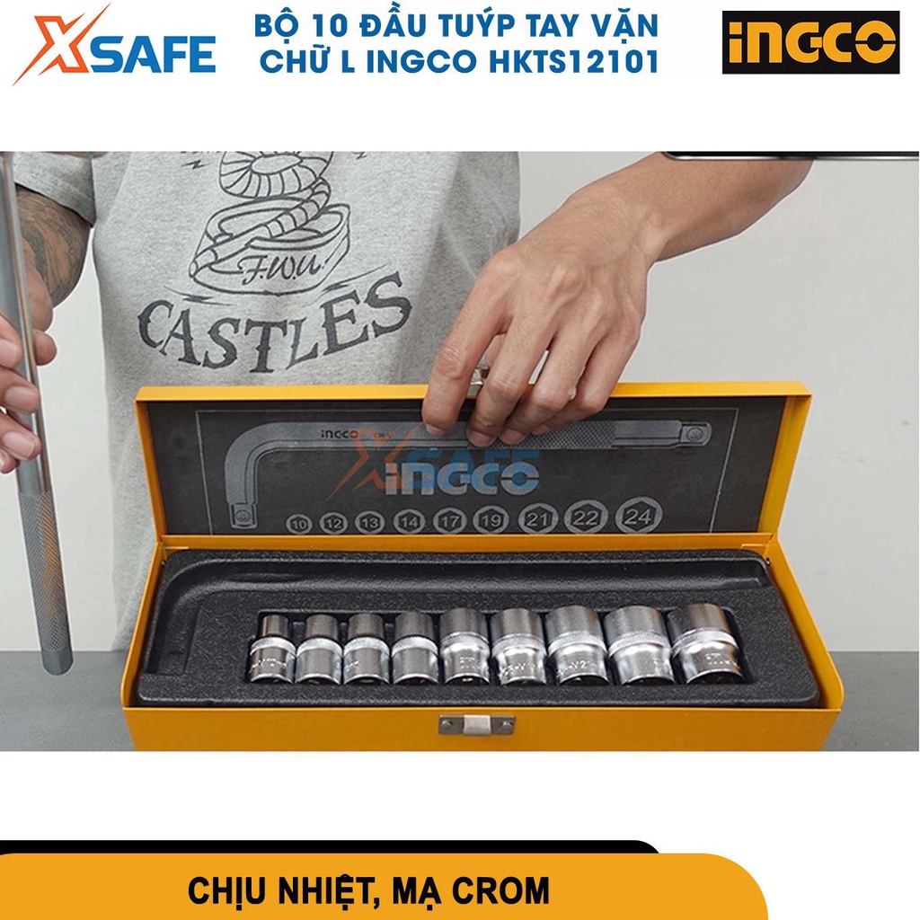 Bộ 10 đầu tuýp tay vặn chữ L 1/2 inch INGCO HKTS12101 thép CR-V siêu cứng, chịu nhiệt, chống rỉ sét [CHÍNH HÃNG][XSAFE]
