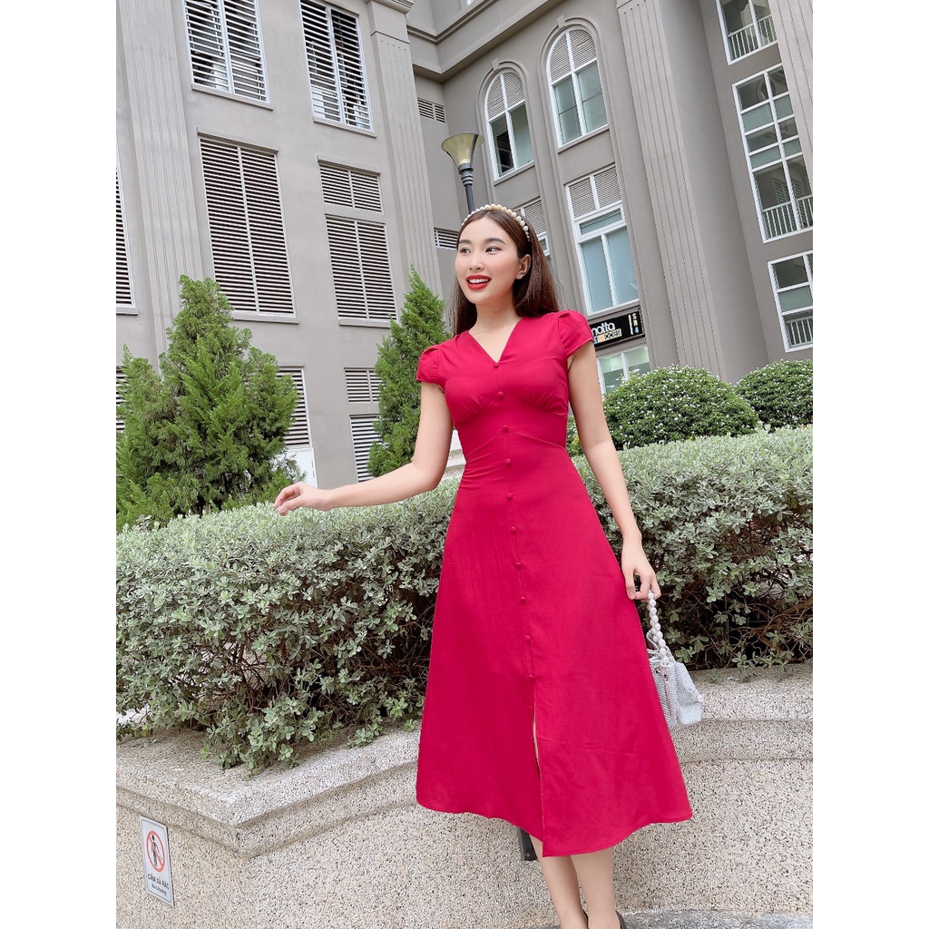 Đầm công sở cổ V hàng nút thanh lịch Odile C603 Cin House