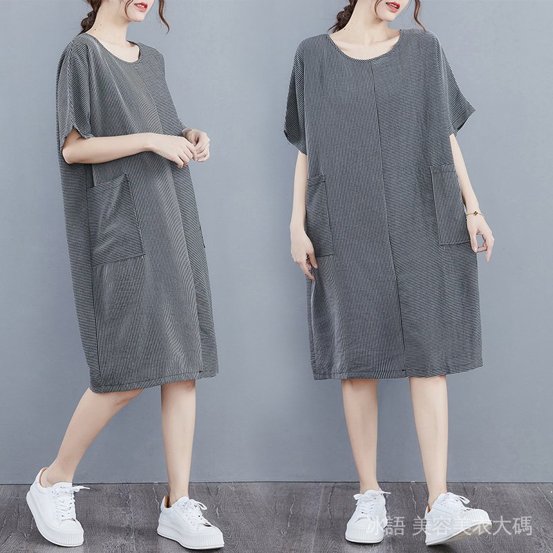 Đầm vải lanh mỏng dáng rộng kẻ sọc thiết kế cỡ lớn thời trang trẻ trung