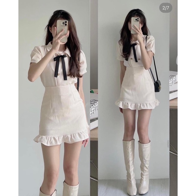 Set bộ đồ nữ Hàn Quốc chất liệu dạ text gồm áo cộc tay thắt nơ kèm chân váy ngắn đuôi cá siêu tiểu thư (TTA142)