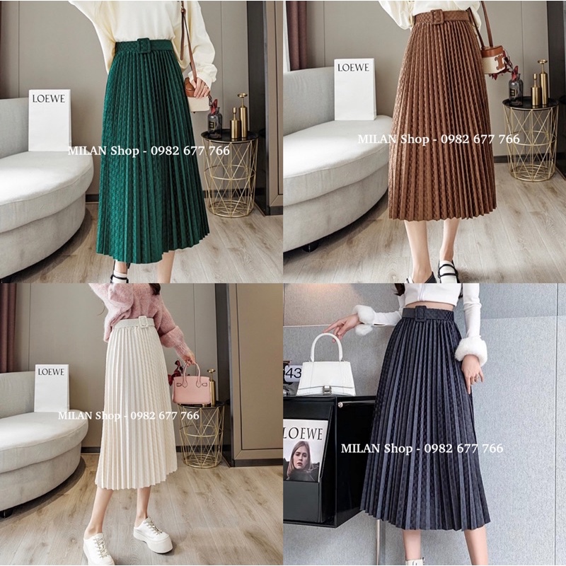 Chân váy nhung xếp ly dập ô kèm đai sang sịn