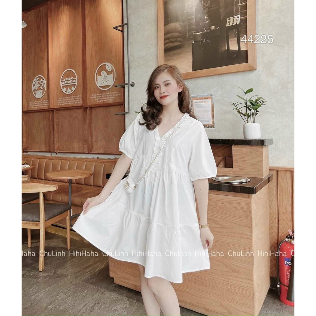 Đầm tiểu thư nữ, đầm babydoll cổ v viền bèo tay búp, đầm phồng xòe, nàng bầu mặc được đi chơi dạo phố siêu xinh
