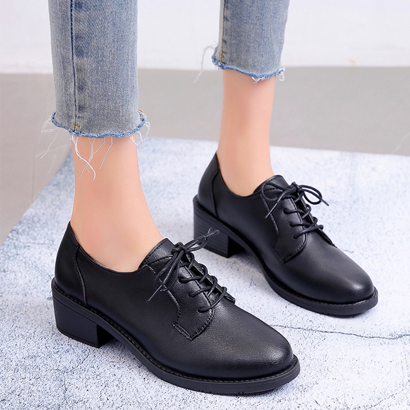 Black Occupation Matches Dress Women's Shoes Student Interview To Work Small Leather Shoes Women With Comfortable Thick