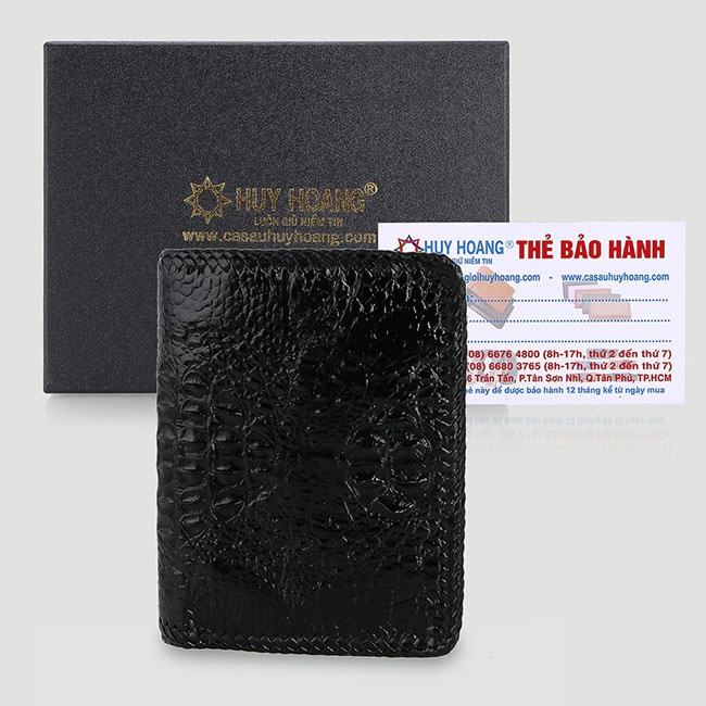 HP2761-63-65 - Ví nam Huy Hoàng da cá sấu nguyên con đan viền kiểu đứng màu đen, nâu đất, nâu đỏ