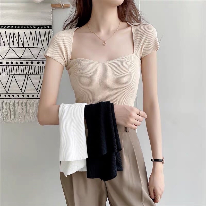 áo thun gân len dệt kim cổ vuông lượn sóng ( ảnh thật)