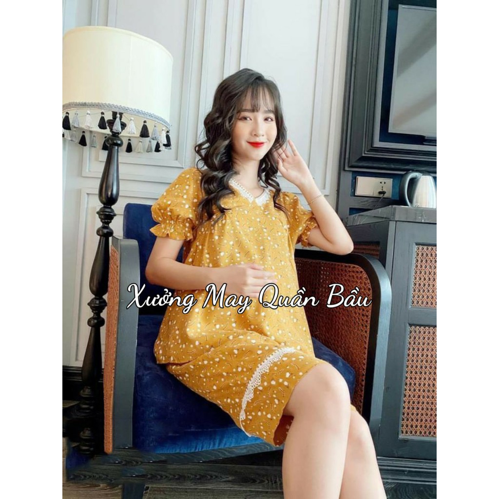 Bộ đồ bầu Lửng họa tiết Hoa nhí xinh xắn chất Đũi mềm mát mặc bầu và sau sinh BL826