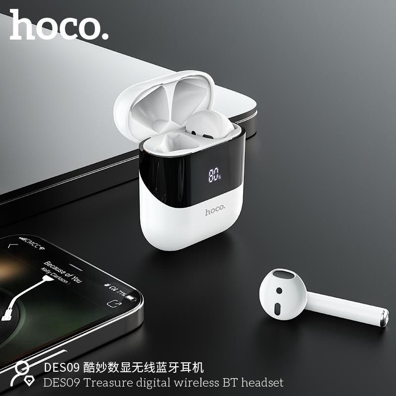 Tai nghe bluetooth V5.0 Hoco DES09 pin 350mAh, sử dụng 3h, chạm cảm ứng, mở nắp kết nối thông minh, dock có LED báo pin