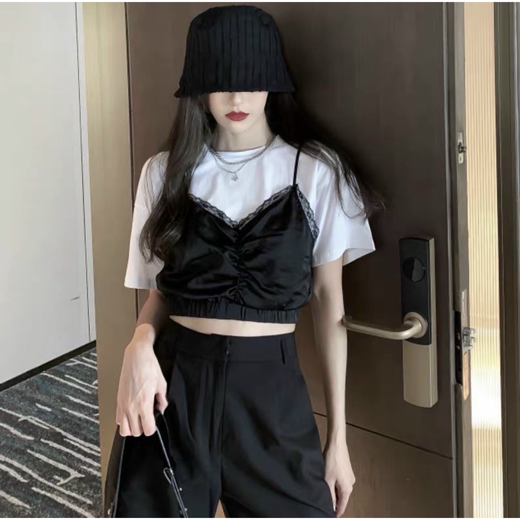 áo kiểu croptop kèm áo phi yếm ren ngoài xinhu