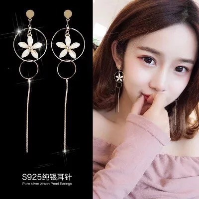 Bông tai Bạc 925 Phong Cách Hàn Quốc - KHOEN TRÒN SỢI DÀI HOA THỦY TINH ( Cao Cấp )- ẢNH CHỤP THẬT