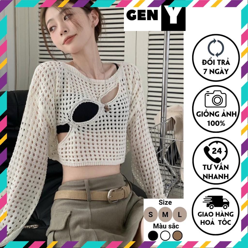 Áo croptop nữ khoác ngoài form rộng GenY_GenZ, Áo kiểu nữ dệt kim tay loe khoét lỗ phong cách Hàn Quốc MSP83295