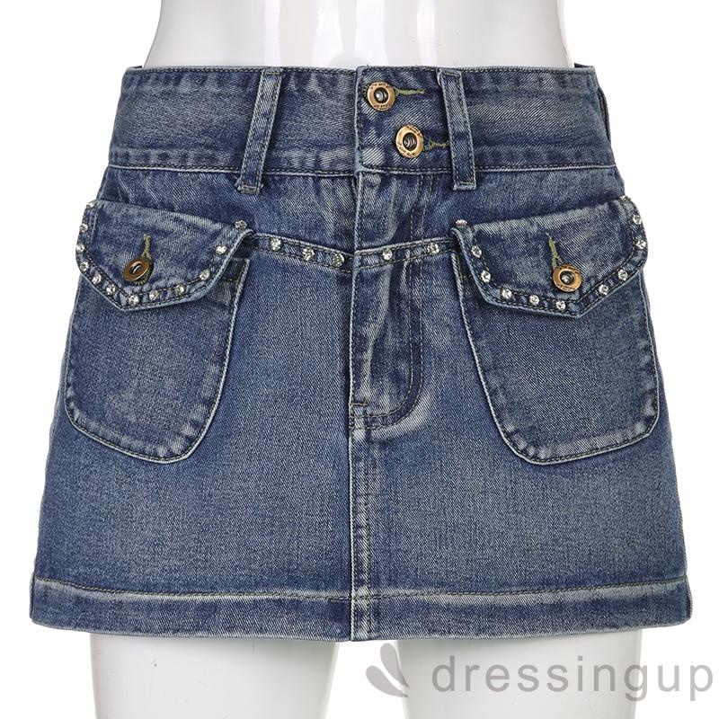 DRE-Women´s Mini Denim Skirts, Fashion Rhinestone High Waist Flap Pocket Short Jean Skirts