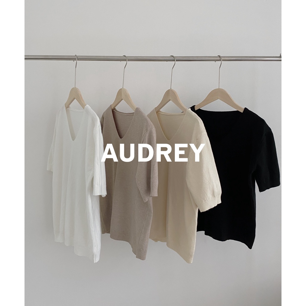 A2351 Áo len dệt kim cổ V AUDREY ngắn tay kiểu dáng Hàn Quốc