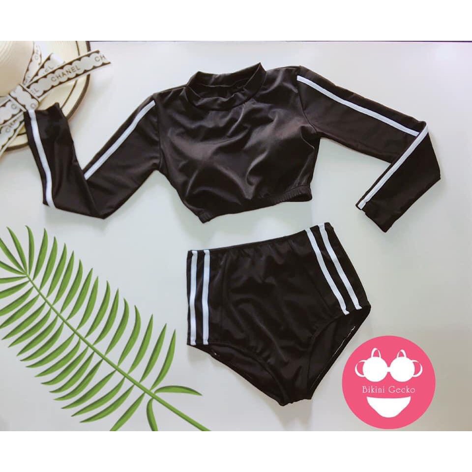 Bikini, Đồ Bơi Đi Biển Hai Mảnh Tay Dài Thể Thao Hai Sọc Trắng Quần Cạp Cao ODERI HM-011