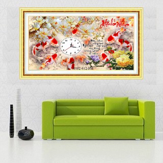 Tranh Đính Đá Đồng Hồ Cửu Ngư Quần Hội - Kích Thước 75x50cm