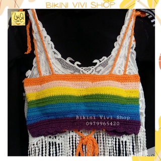 Áo Len Móc Đi Biển, Áo Len Đan Tay 2 Dây Cầu Vồng, Đồ Tắm Biển Nữ (Có Size) (Kèm Ảnh Thật)