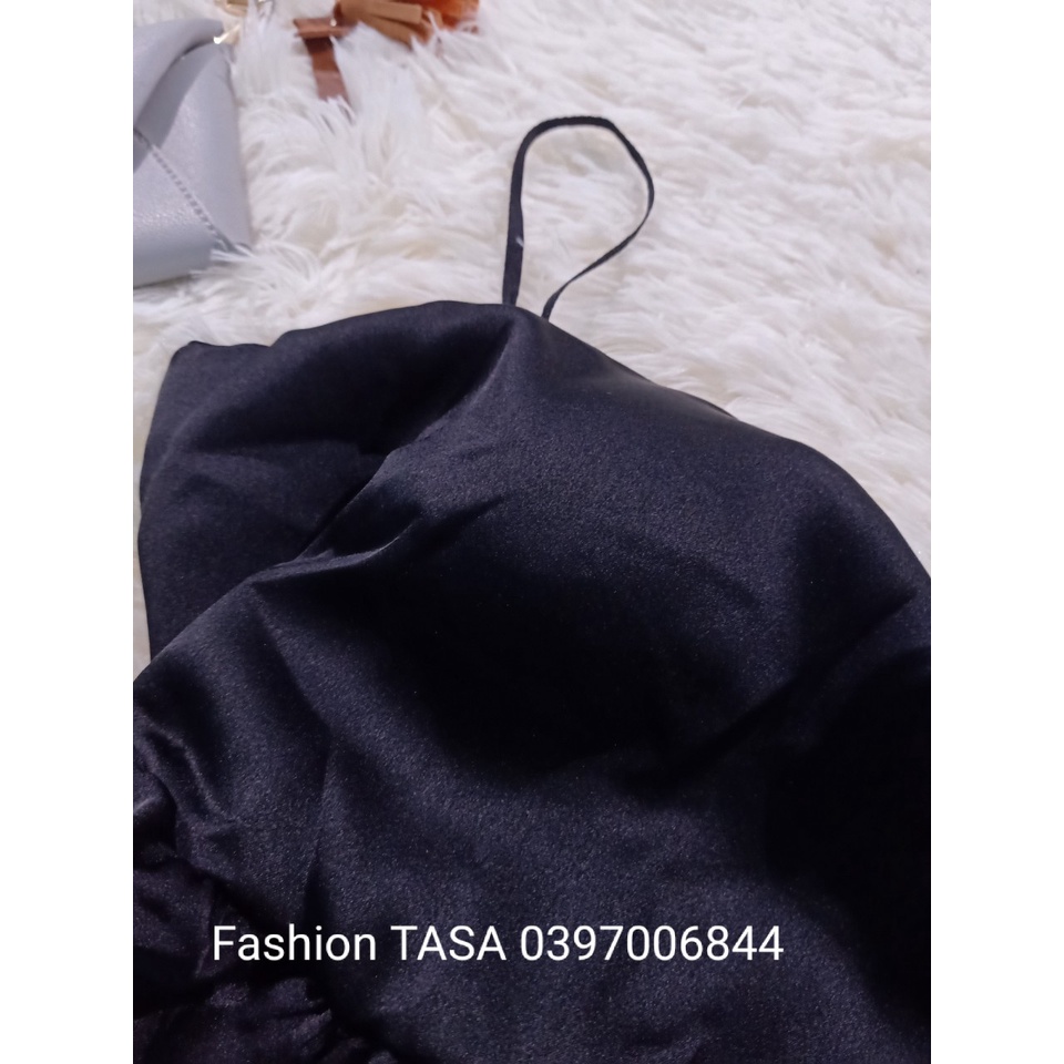 TBO-Video ảnh thật, set đùi áo 2 dây xòe đan dây lưng  kèm quần đùi siêu xinh màu đen lụa satin cao cấp