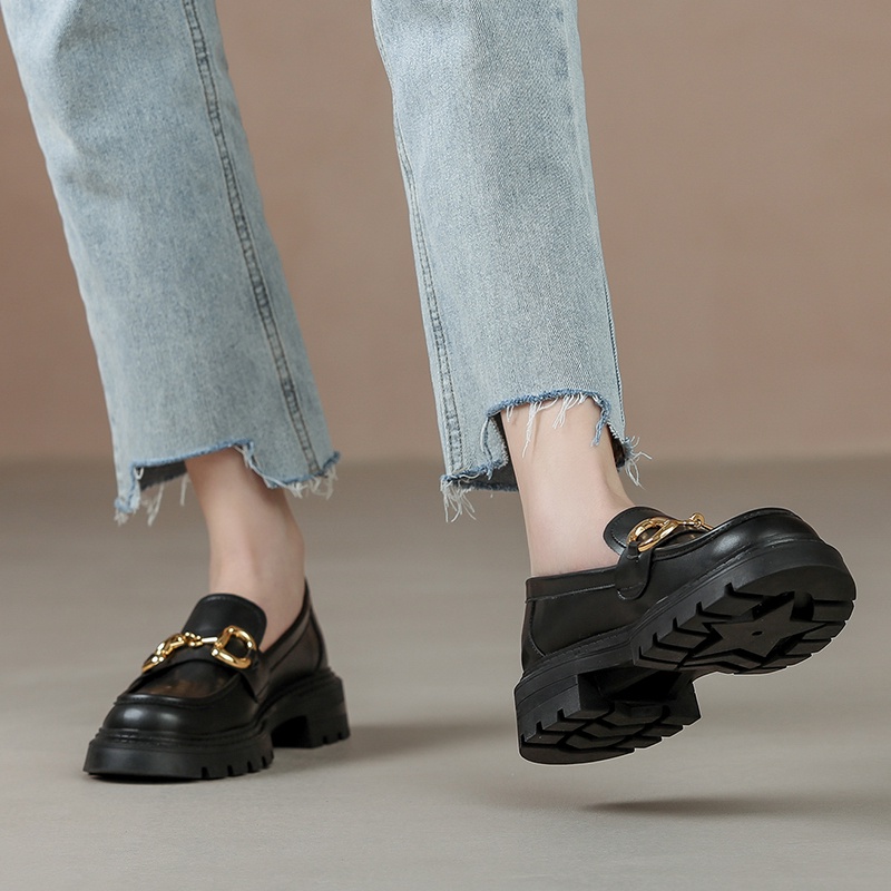 Giày Lười Da Bóng Mũi Tròn Đế Bằng 4cm Phong Cách retro Anh Quốc Thời Trang