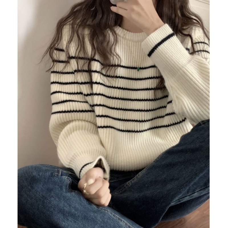 Áo Len Nữ Dài Tay Cổ Tròn Sọc Ngang Thời Trang Hàn