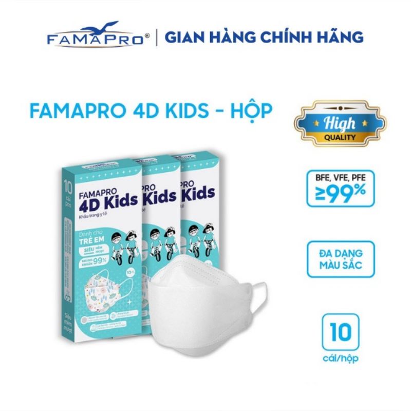 Hộp 10c khẩu trang 4D kids Famapro khẩu trang kháng khuẩn cho bé nhiều hình kf94 cho trẻ em