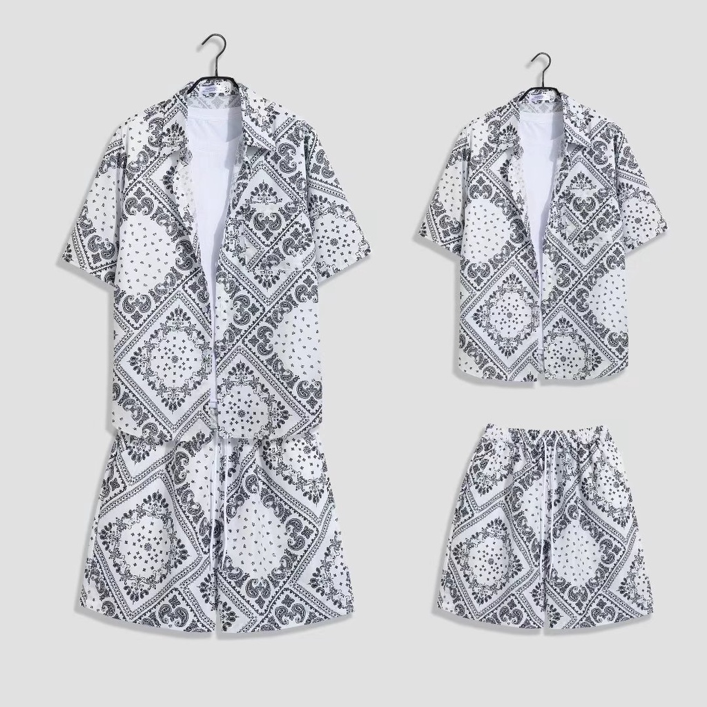 Bộ áo sơ mi tay ngắn + quần short dáng rộng thoáng khí in họa tiết phong cách Ấn Độ mùa hè 2022 dành cho nam