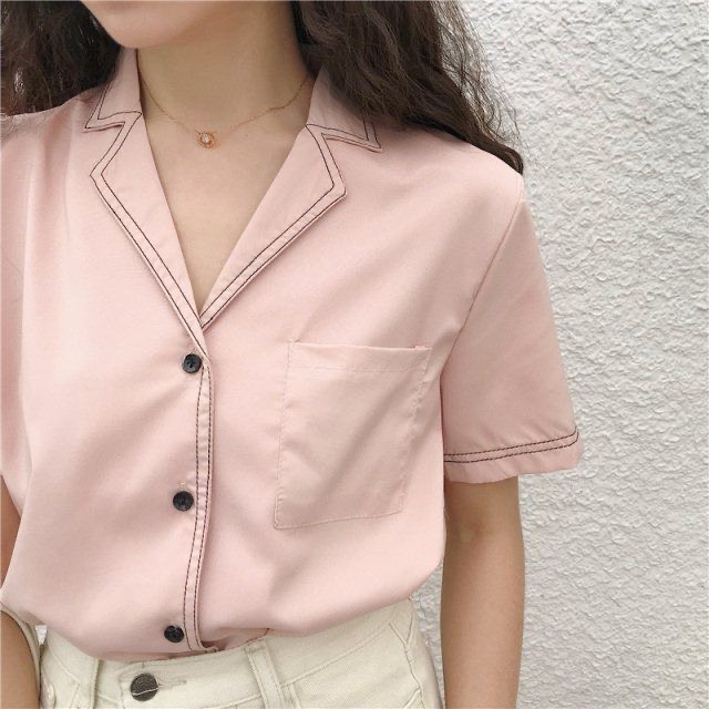Áo Sơ Mi Nữ Form Rộng Cổ Vest Tay Ngắn Kiểu Công Sở RYMOLA Phong Cách Hàn Quốc Viền Cổ Freesize