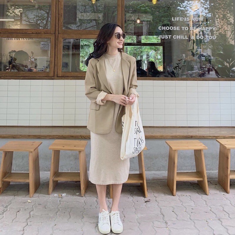 Blazer 2 lớp túi nắp  màu nâu tây hiện đại