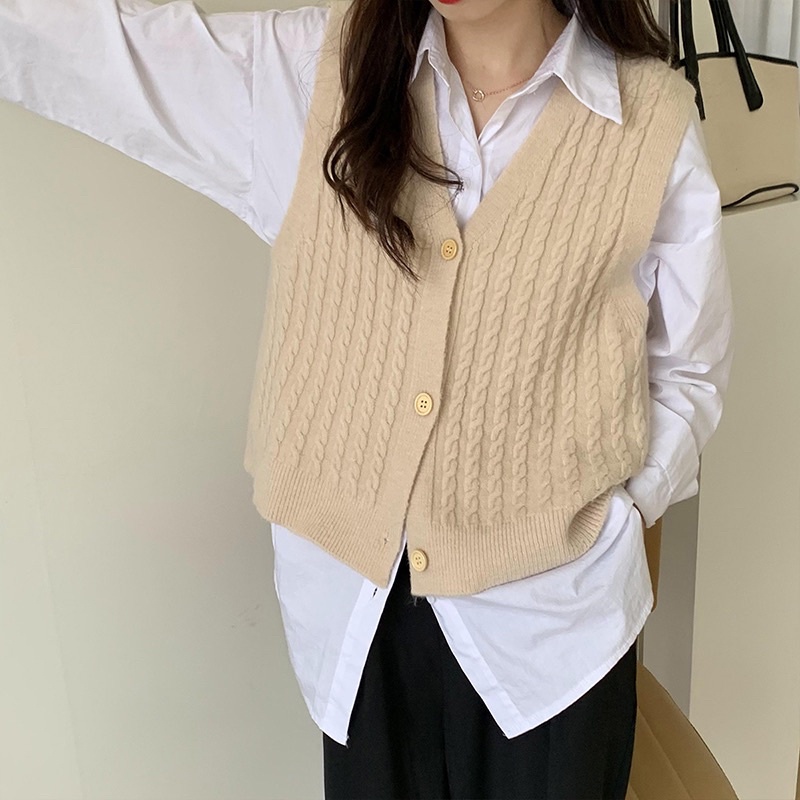 [CÓ SẴN+ẢNH THẬT] Áo gile len xoắn thừng cúc giả gỗ mẫu thu đông 2021 | BigBuy360 - bigbuy360.vn