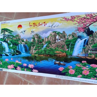 Tranh đính đá thành phẩm lưu thuỷ sinh tài 200x95 cm
