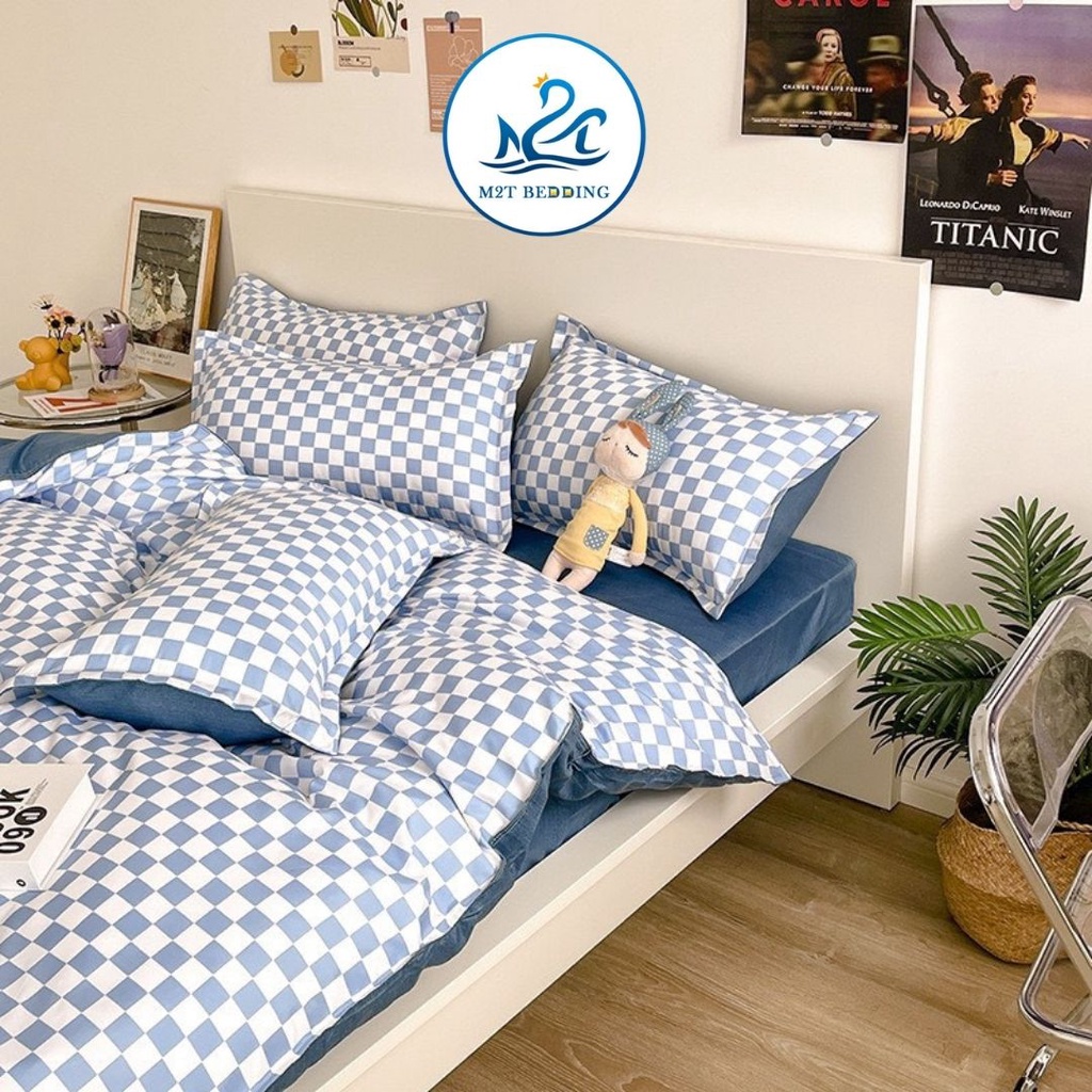 Bộ chăn ga gối Cotton poly M2T bedding, vỏ chăn mền, drap nệm và 2 vỏ gối nằm - PL Bàn cờ vua xanh dương