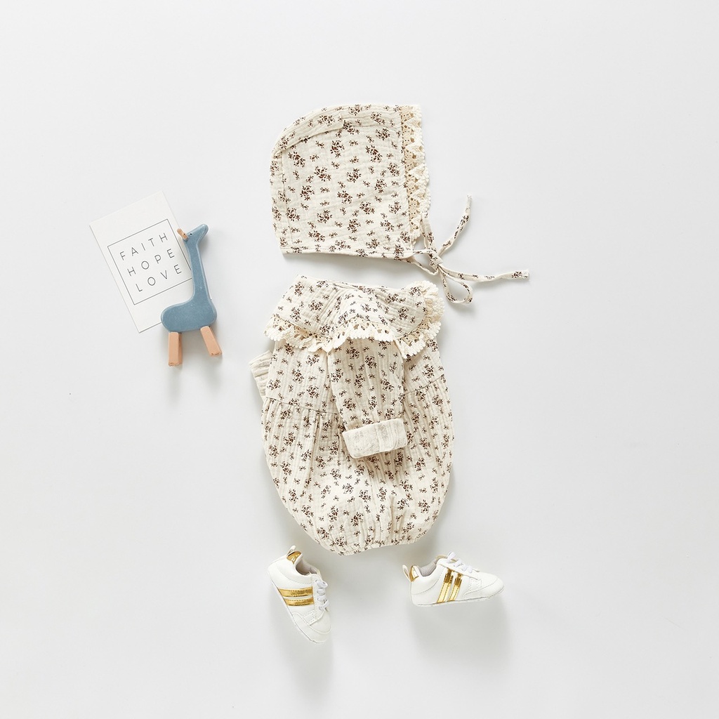 Bộ romper kèm mũ bé gái họa tiết hoa nhí phong cách Hàn quốc