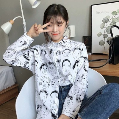 Áo sơ mi tay dài chất Cotton hoạ tiết in thiết kế dáng rộng thoải mái