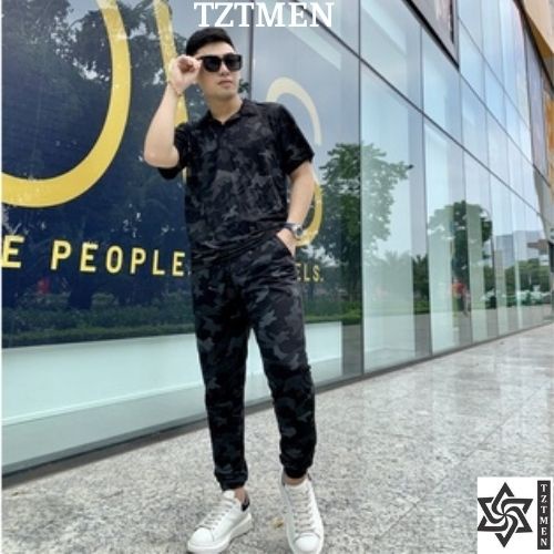 Set Quần Dài Nam Camo Cổ Bẻ Chất Cotton Cao Cấp Có Size Co Dãn Thoáng Mát