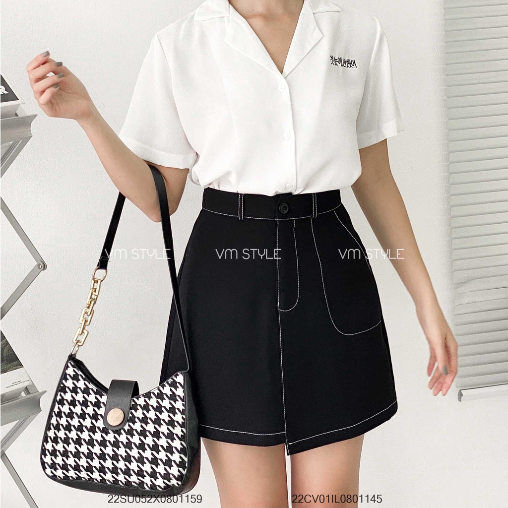 Chân váy chữ A nữ dáng ngắn VMSTYLE thiết kế xếp tà viền chỉ trắng trẻ trung 0527_ CVN00012