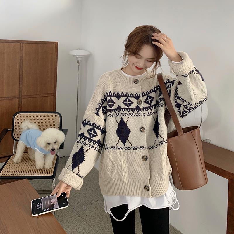 Áo khoác cardigan dệt kim cổ tròn dáng rộng họa tiết kẻ ô đính kim cương dành cho nữ