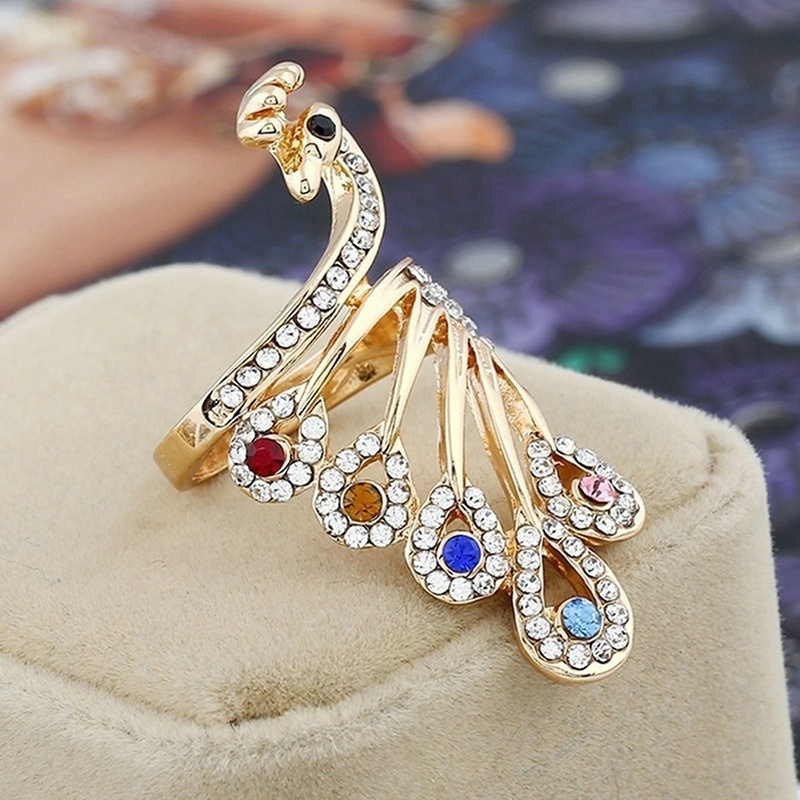 Nhẫn Mạ Vàng Hình Chim Công Đính Đá Nhiều Màu Sắc
