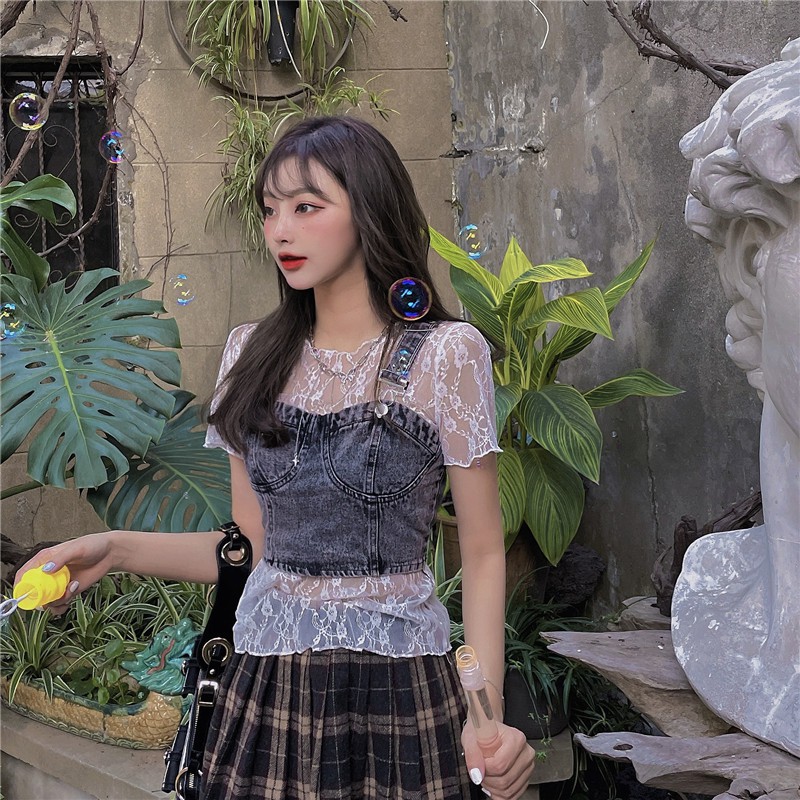 Áo jeans denim nữ hai dây body  dáng ngắn