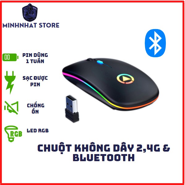 Chuột không dây bluetooth tự sạc pin A2 siêu mỏng chống ồn có led RGB