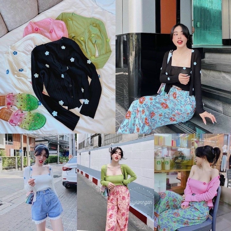 Set áo cặp len hai chi tiết gồm áo hai dây mix cùng cadigan len hoa thêu nổi vintage siêu xinh