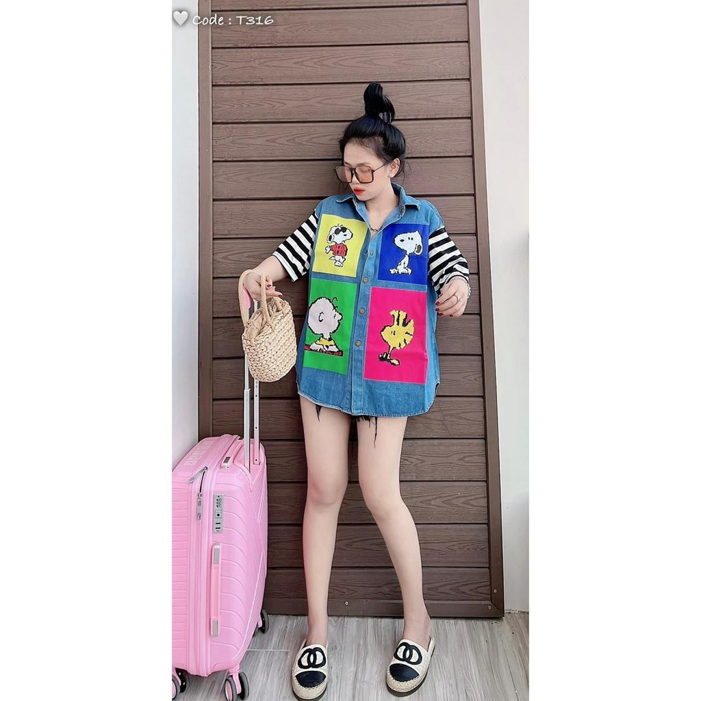 Áo sơ mi jean in ô vuông hoạt hình sọc tay