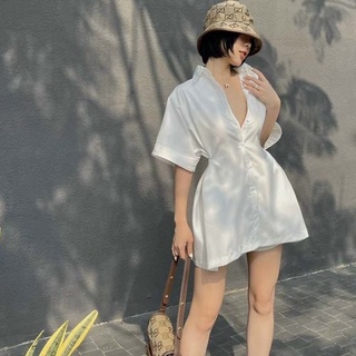 Set áo sơmi trắng chiết eo + quần short