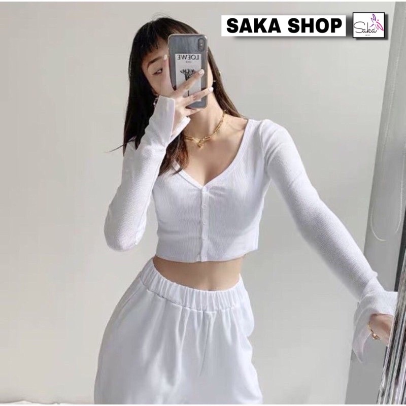 Áo croptop nữ tay dài cổ v có nút nhiều màu