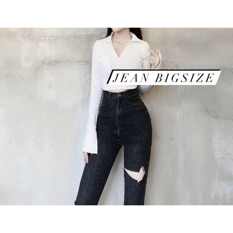 [Bigsize 32-36]  Quần Jean Skinny Màu Đen Rách Thời Trang, Jean Lưng Cao Qua Rốn-Co Giãn Mạnh